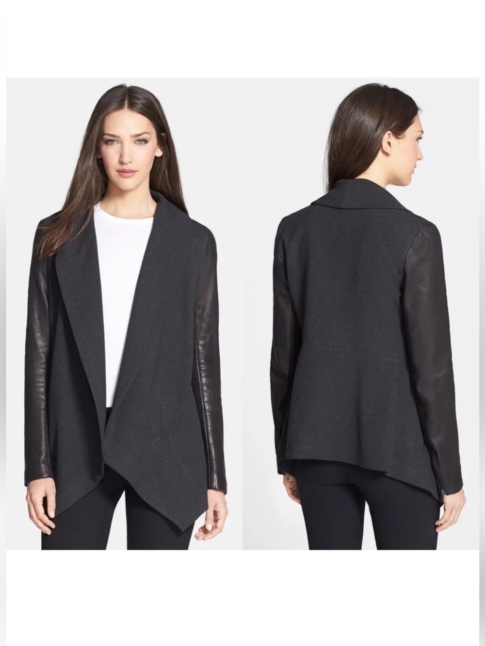 Theory Black Draped asymmetrical Blazer with Faux Leather Sleeves Sz L